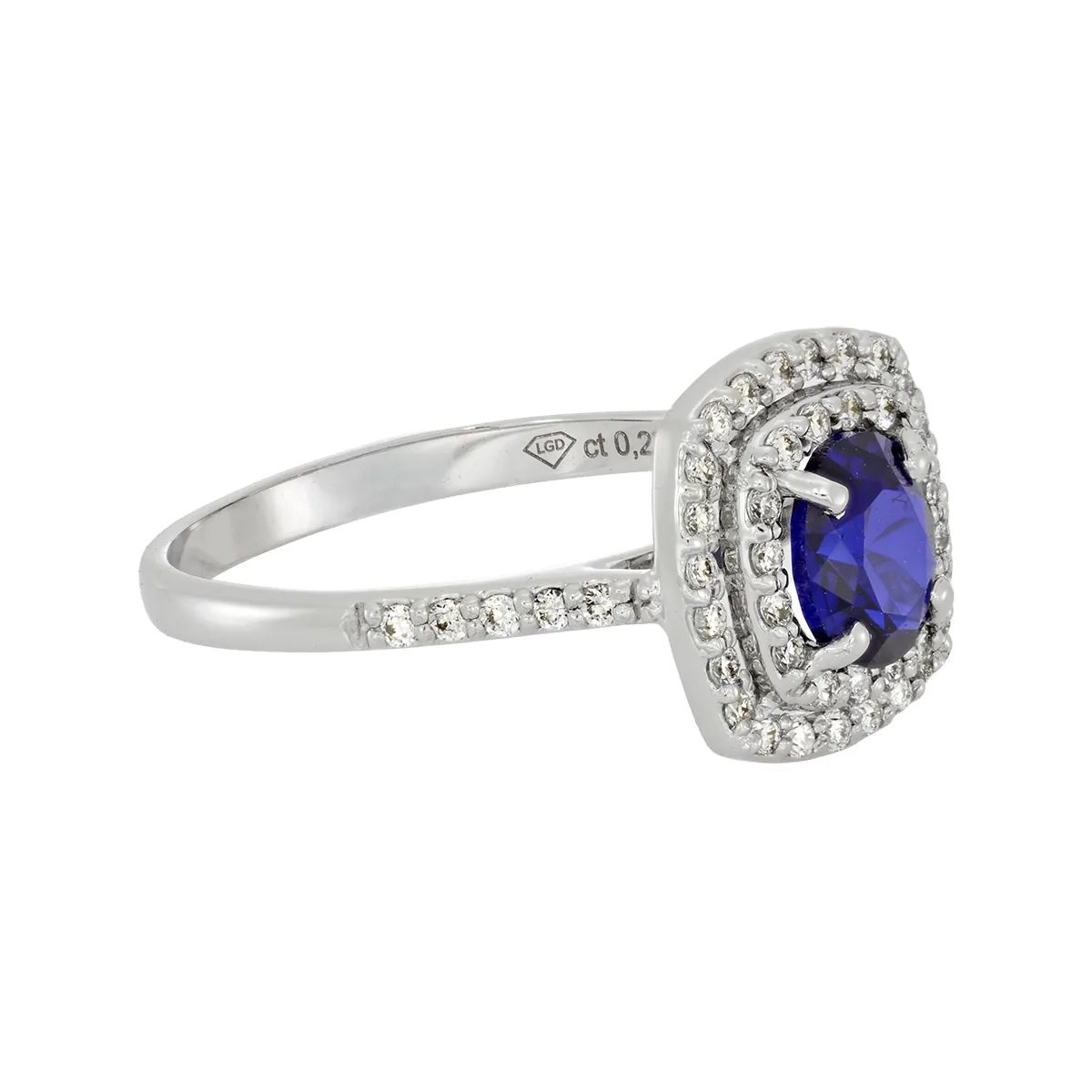 Anillo en oro blanco de 18 Kilates, con zafiro laboratorio central de 0.70 Ct y decoración en diamante de laboratorio de 0.27 Ct