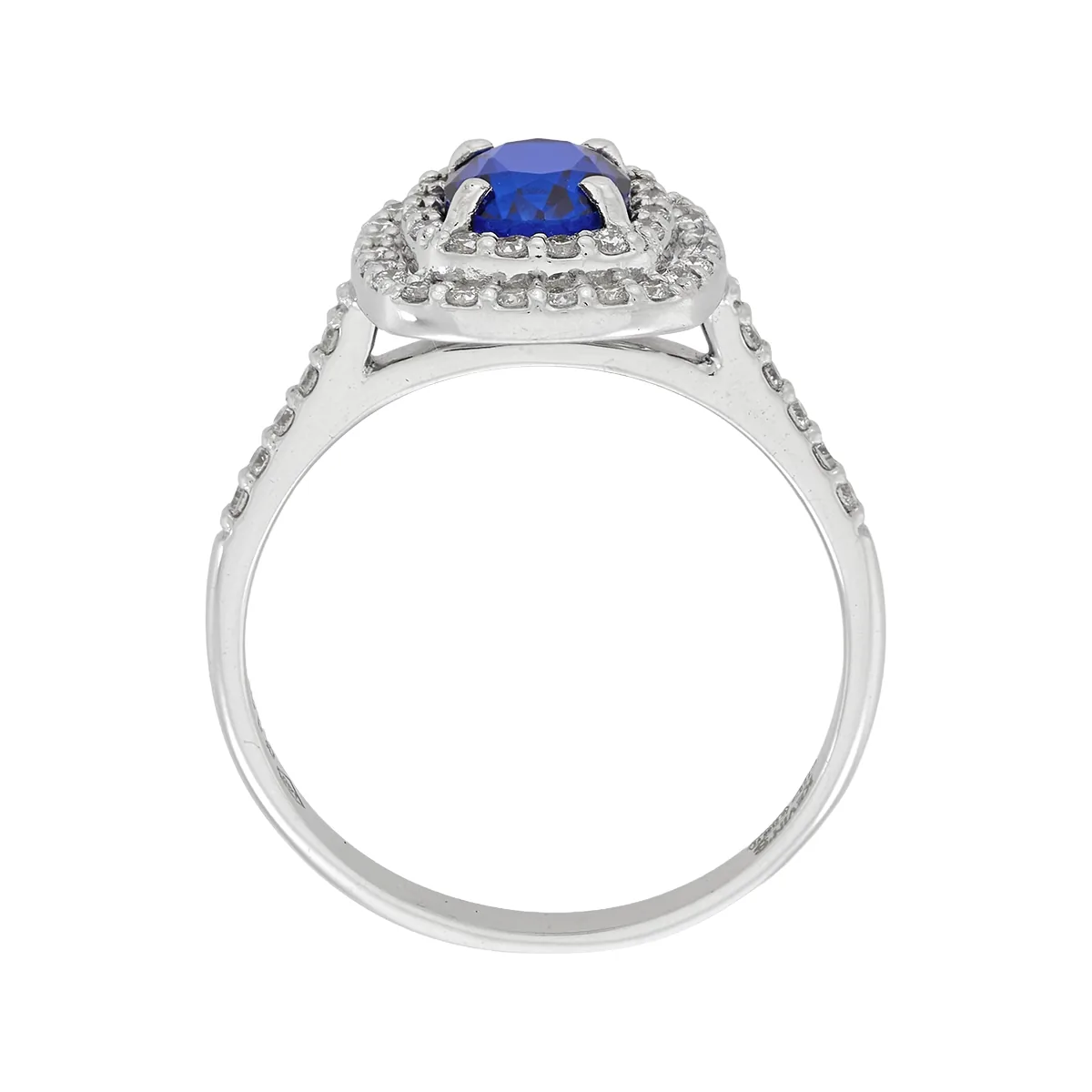 Anillo de halo doble, con zafiro laboratorio central óvalo de 0.70Ct y decoración en diamantes de laboratorio, oro tono blanco 18k, rodinado