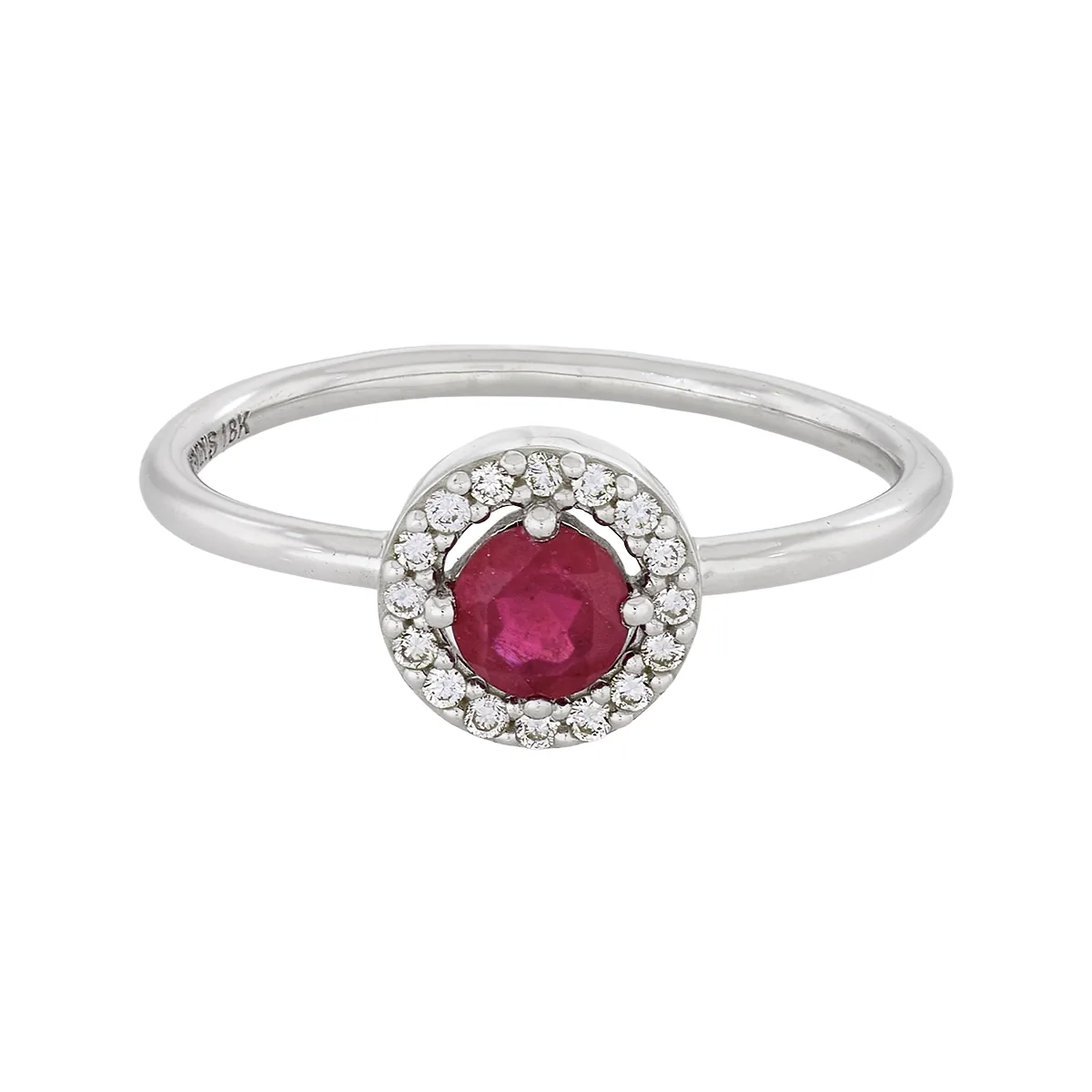 Anillo en oro blanco de 18 Kilates, con rubí central de 0.40 Ct y decoración en diamantes de 0.08 Ct