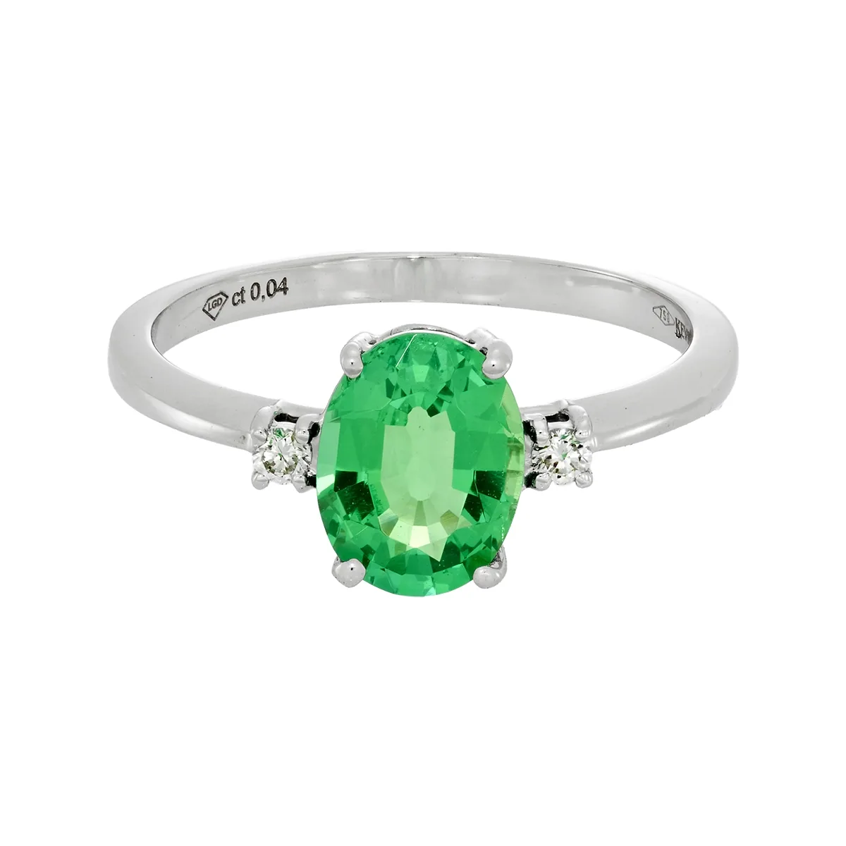 Anillo en oro blanco de 18 Kilates, con esmeralda laboratorio central de 1.00 Ct y decoración en diamante de laboratorio de 0.04 Ct