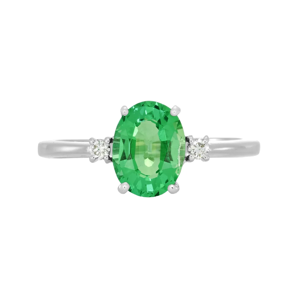 Anillo en oro blanco de 18 Kilates, con esmeralda laboratorio central de 1.00 Ct y decoración en diamante de laboratorio de 0.04 Ct