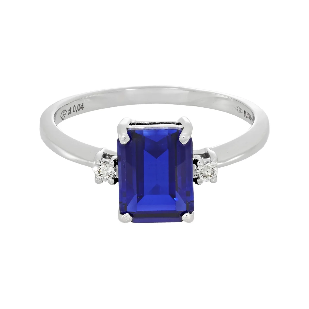 Anillo en oro blanco de 18 Kilates, con zafiro laboratorio central de 1.95 Ct y decoración en diamante de laboratorio de 0.04 Ct