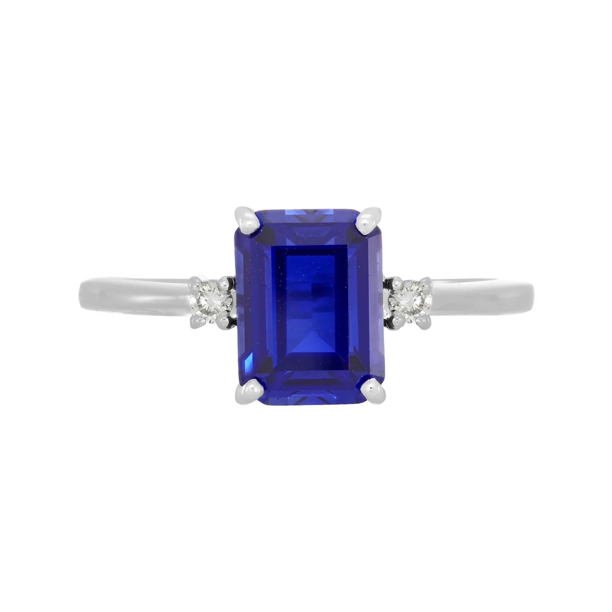 Anillo en oro blanco de 18 Kilates, con zafiro laboratorio central de 1.95 Ct y decoración en diamante de laboratorio de 0.04 Ct