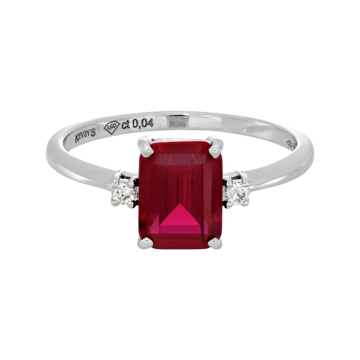 Anillo en oro blanco de 18 Kilates, con ruby laboratorio central de 1.70 Ct y decoración en diamante de laboratorio de 0.04 Ct