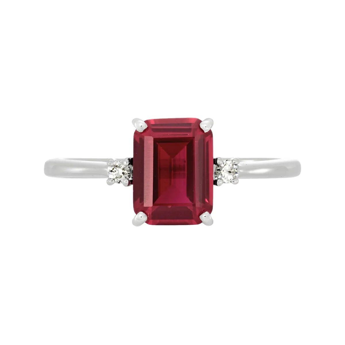 Anillo en oro blanco de 18 Kilates, con ruby laboratorio central de 1.70 Ct y decoración en diamante de laboratorio de 0.04 Ct