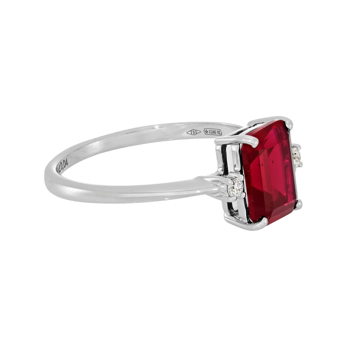 Anillo en oro blanco de 18 Kilates, con ruby laboratorio central de 1.70 Ct y decoración en diamante de laboratorio de 0.04 Ct