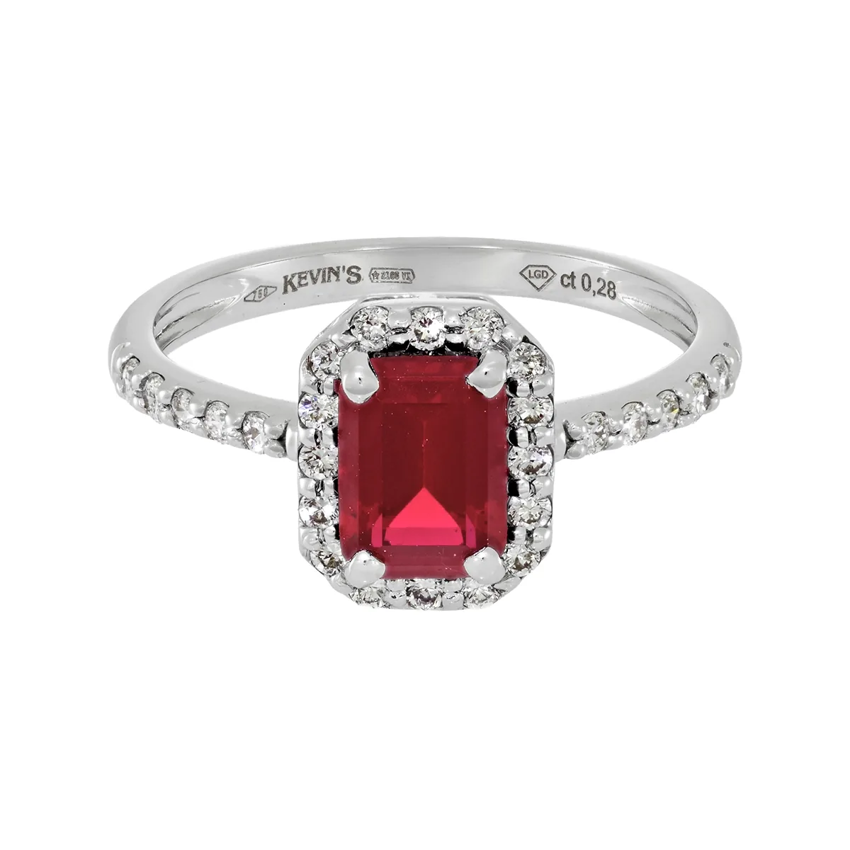 Anillo en oro blanco de 18 Kilates, con ruby laboratorio central de 1.10 Ct y decoración en diamante de laboratorio de 0.28 Ct