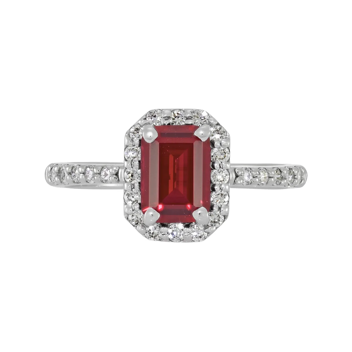 Anillo en oro blanco de 18 Kilates, con ruby laboratorio central de 1.10 Ct y decoración en diamante de laboratorio de 0.28 Ct