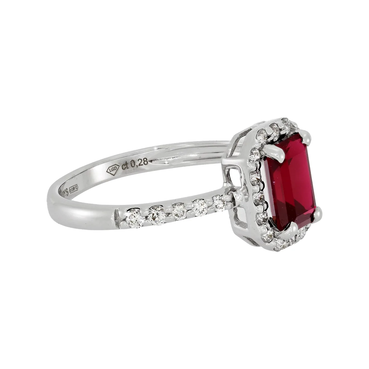 Anillo en oro blanco de 18 Kilates, con ruby laboratorio central de 1.10 Ct y decoración en diamante de laboratorio de 0.28 Ct