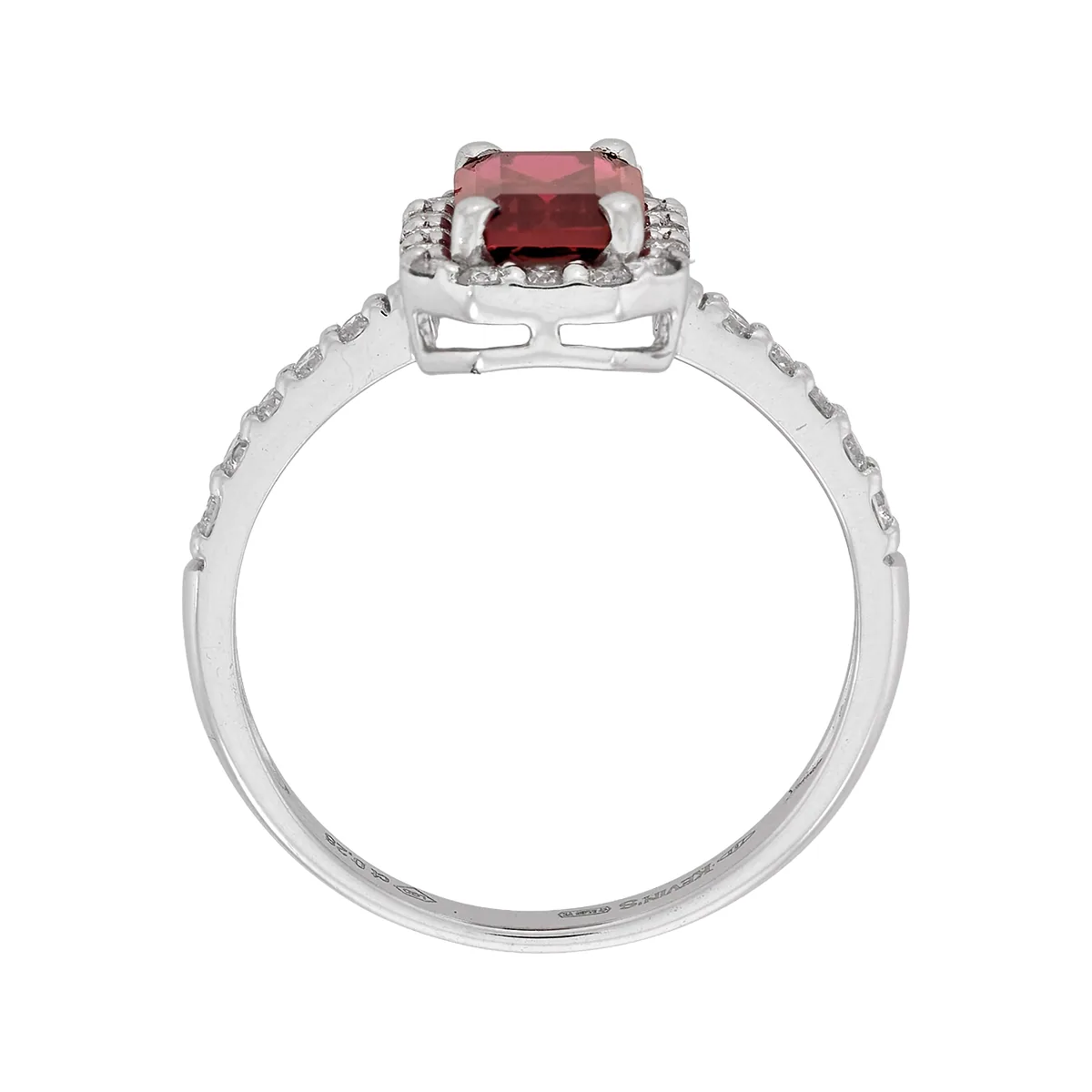 Anillo de halo rectangular, con ruby laboratorio central rectángulo de 1.10Ct y decoración en diamantes de laboratorio, oro tono blanco 18k, rodinado