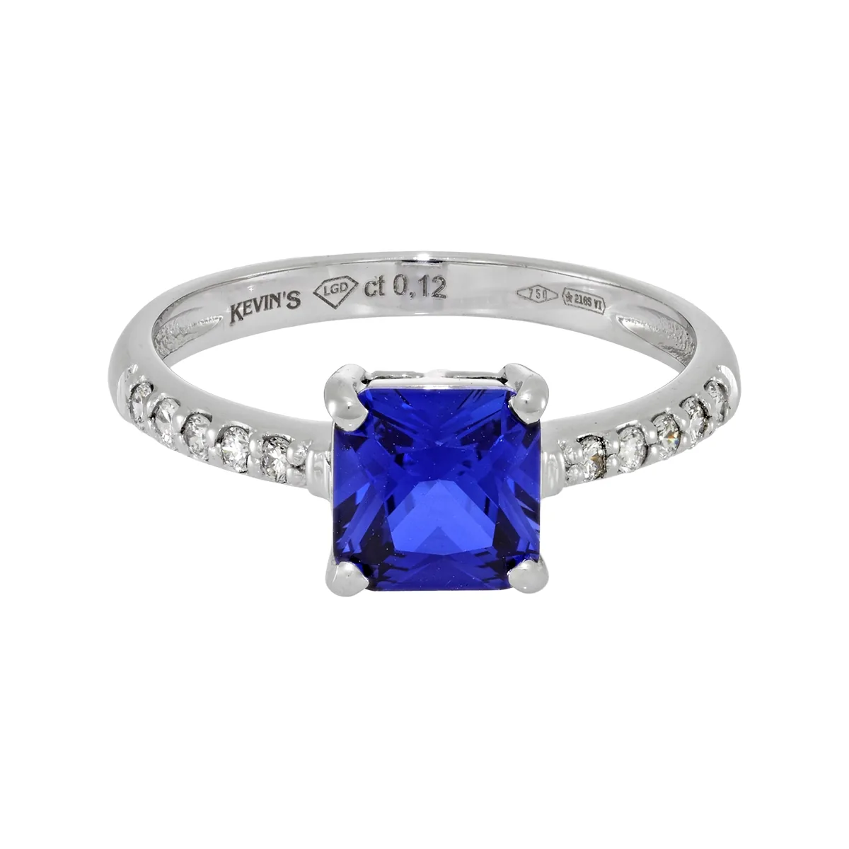 Anillo en oro blanco de 18 Kilates, con zafiro laboratorio central de 1.30 Ct y decoración en diamante de laboratorio de 0.12 Ct