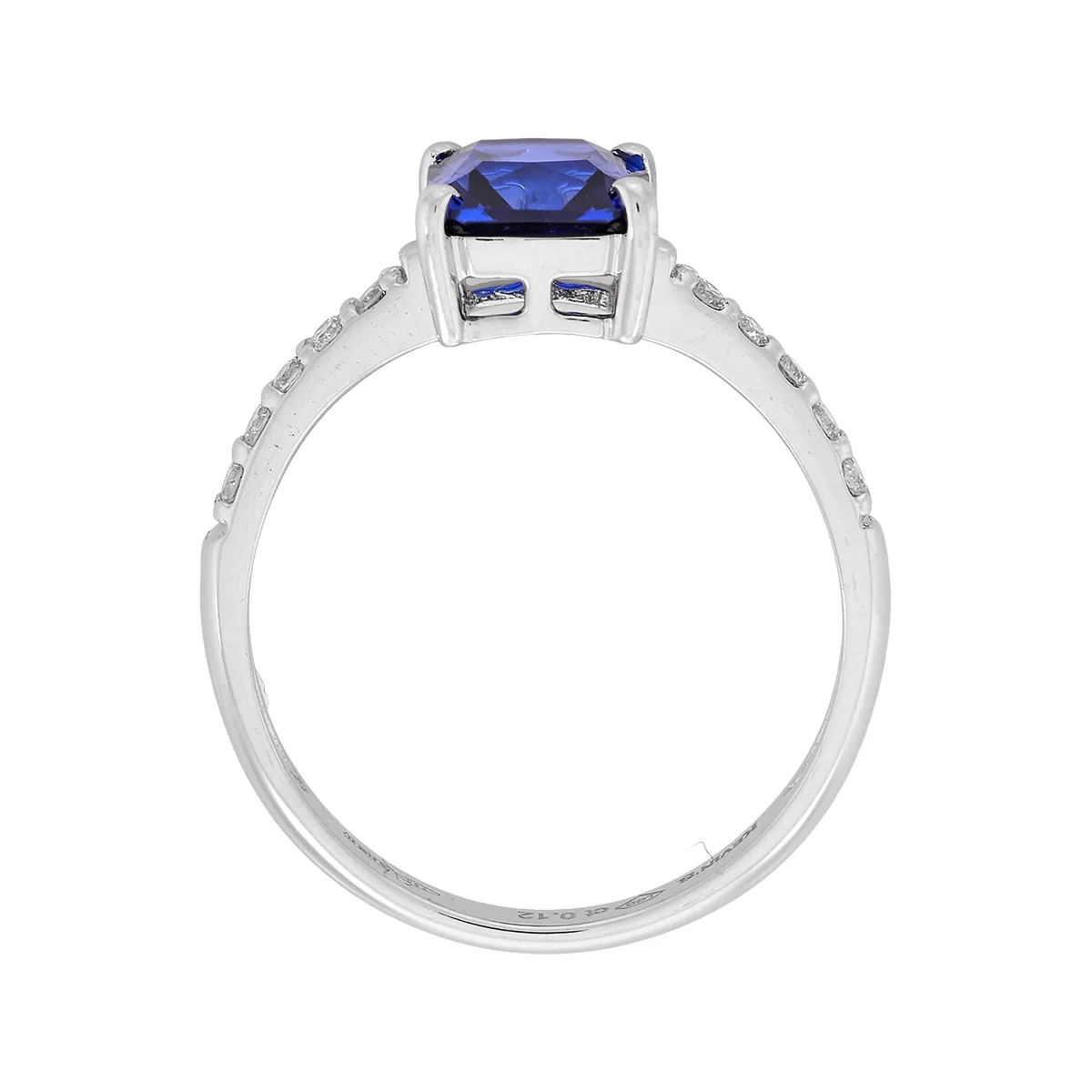 Anillo con zafiro laboratorio central princess de 1.30Ct y decoración en diamantes de laboratorio, oro tono blanco 18k, rodinado