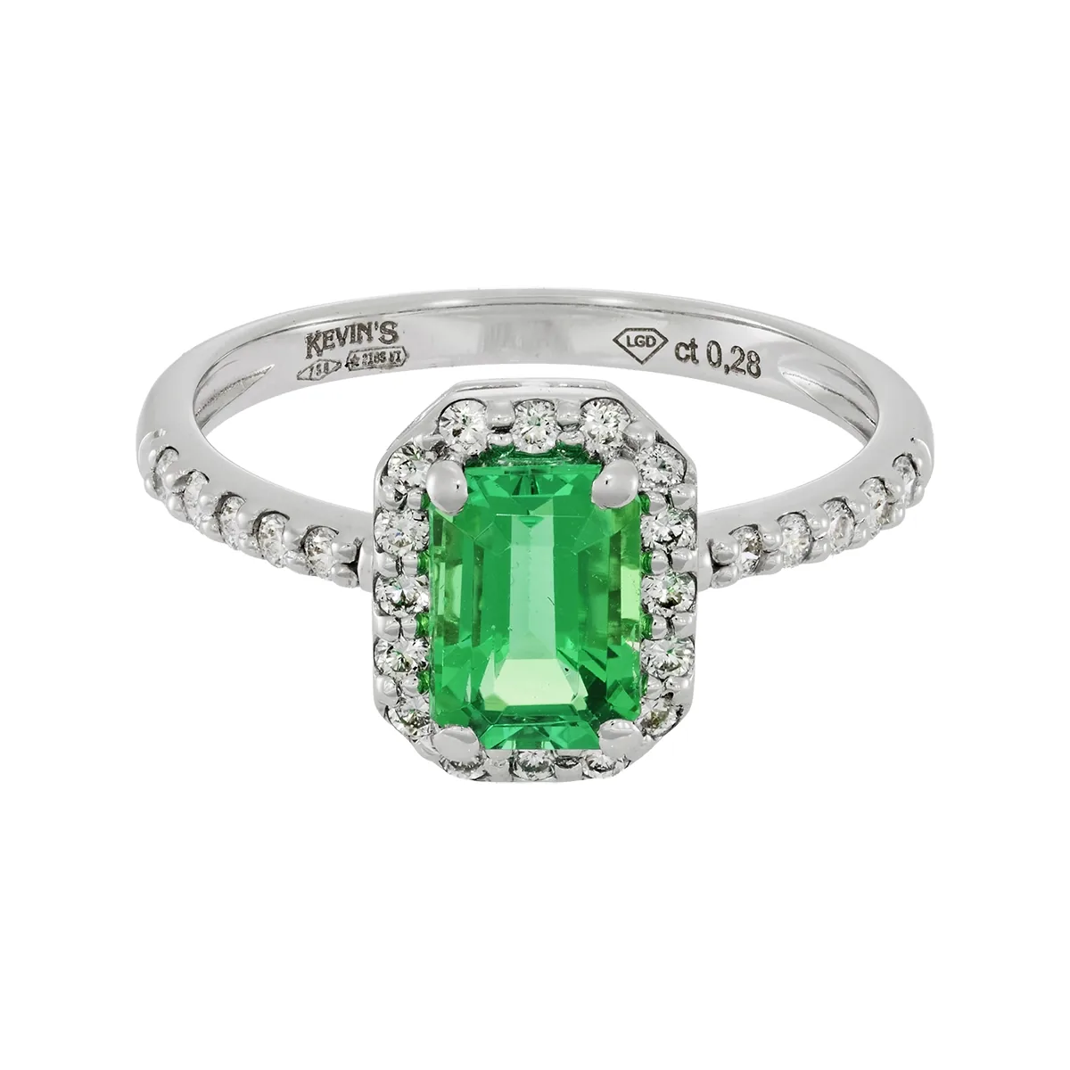 Anillo en oro blanco de 18 Kilates, con esmeralda laboratorio central de 0.70 Ct y decoración en diamante de laboratorio de 0.28 Ct
