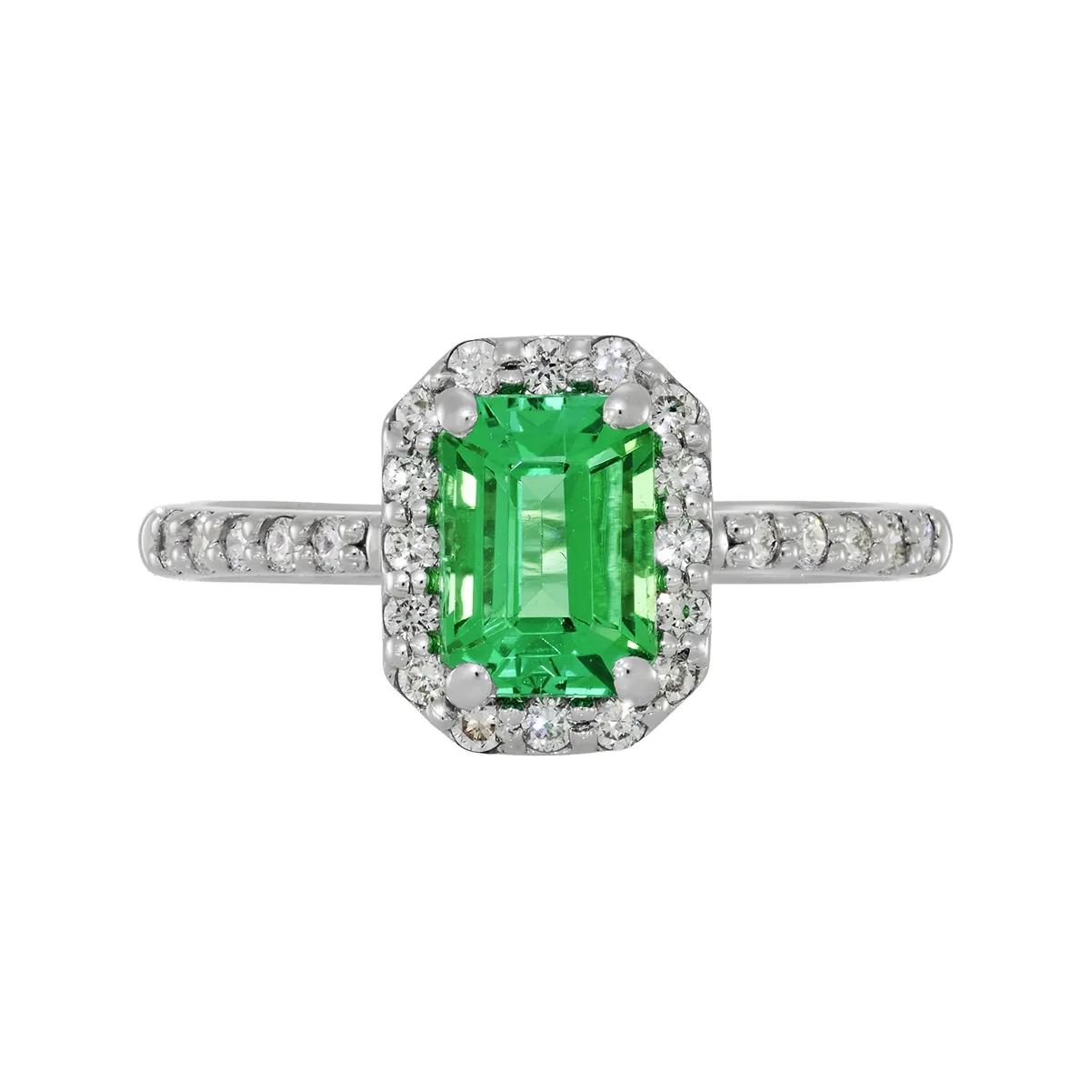 Anillo en oro blanco de 18 Kilates, con esmeralda laboratorio central de 0.70 Ct y decoración en diamante de laboratorio de 0.28 Ct