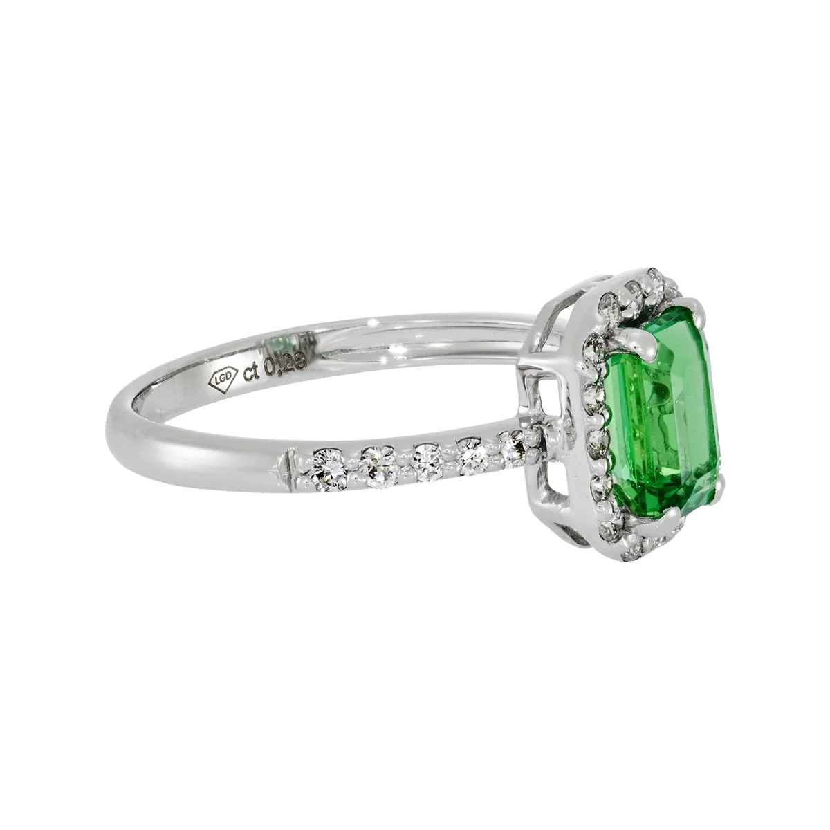 Anillo en oro blanco de 18 Kilates, con esmeralda laboratorio central de 0.70 Ct y decoración en diamante de laboratorio de 0.28 Ct
