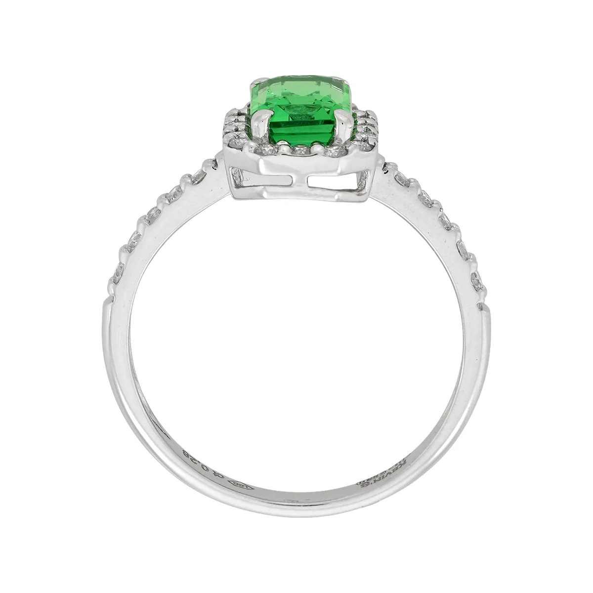 Anillo de halo rectangular, con esmeralda laboratorio central corte esmeralda de 0.70Ct y decoración en diamantes de laboratorio, oro tono blanco 18k, rodinado