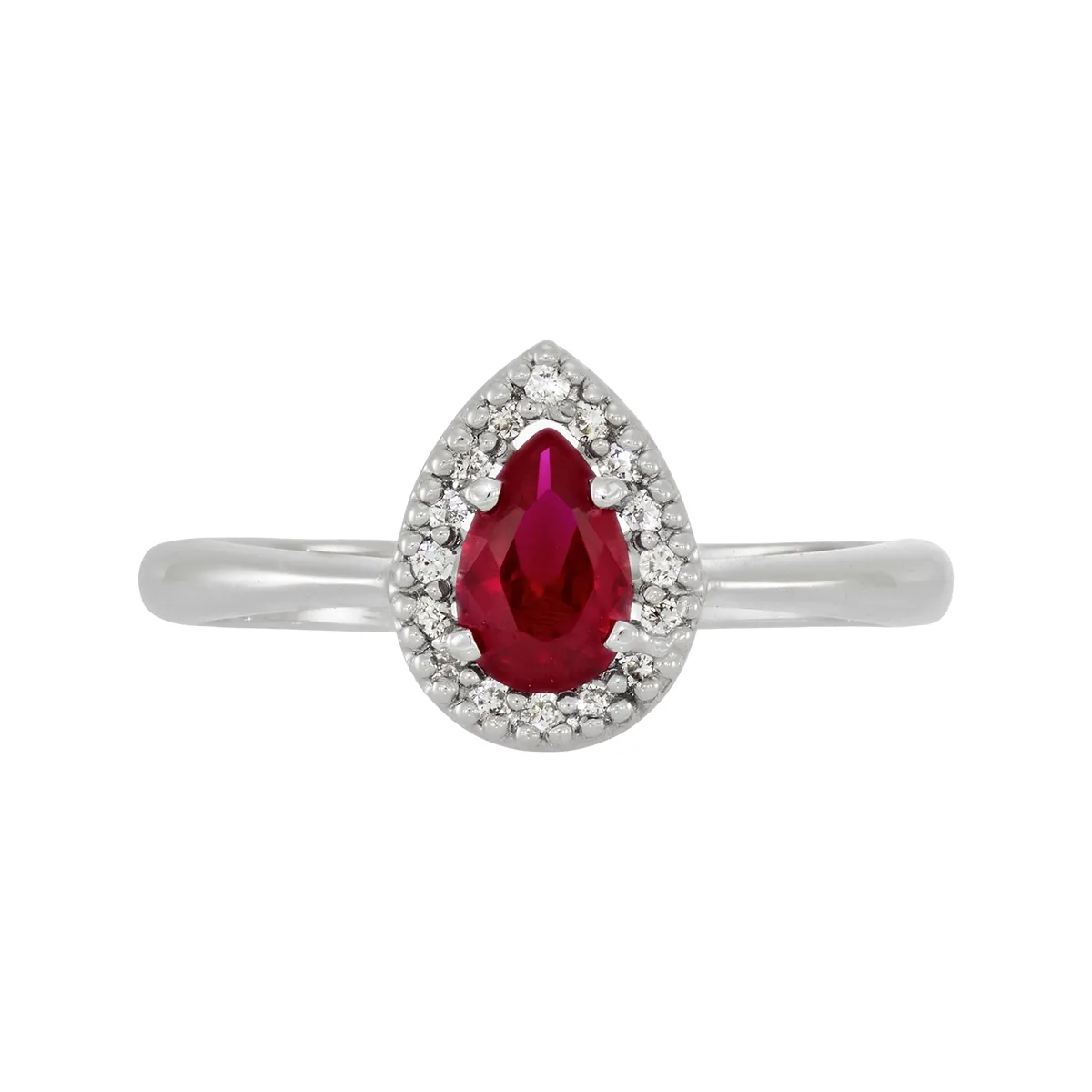 Anillo en oro blanco de 18 Kilates, con ruby laboratorio central de 0.40 Ct y decoración en diamante de laboratorio de 0.09 Ct