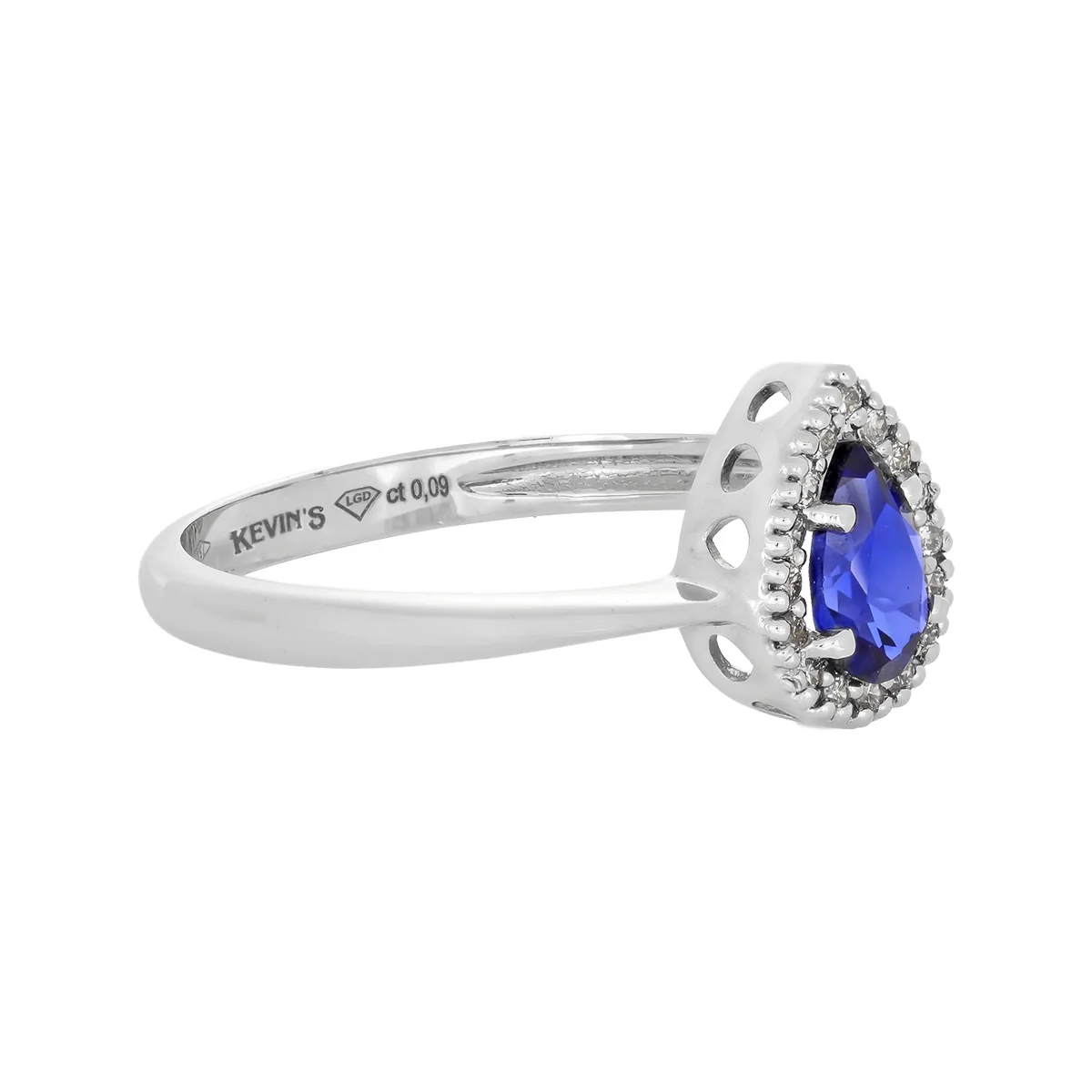 Anillo en oro blanco de 18 Kilates, con zafiro laboratorio central de 0.50 Ct y decoración en diamante de laboratorio de 0.09 Ct