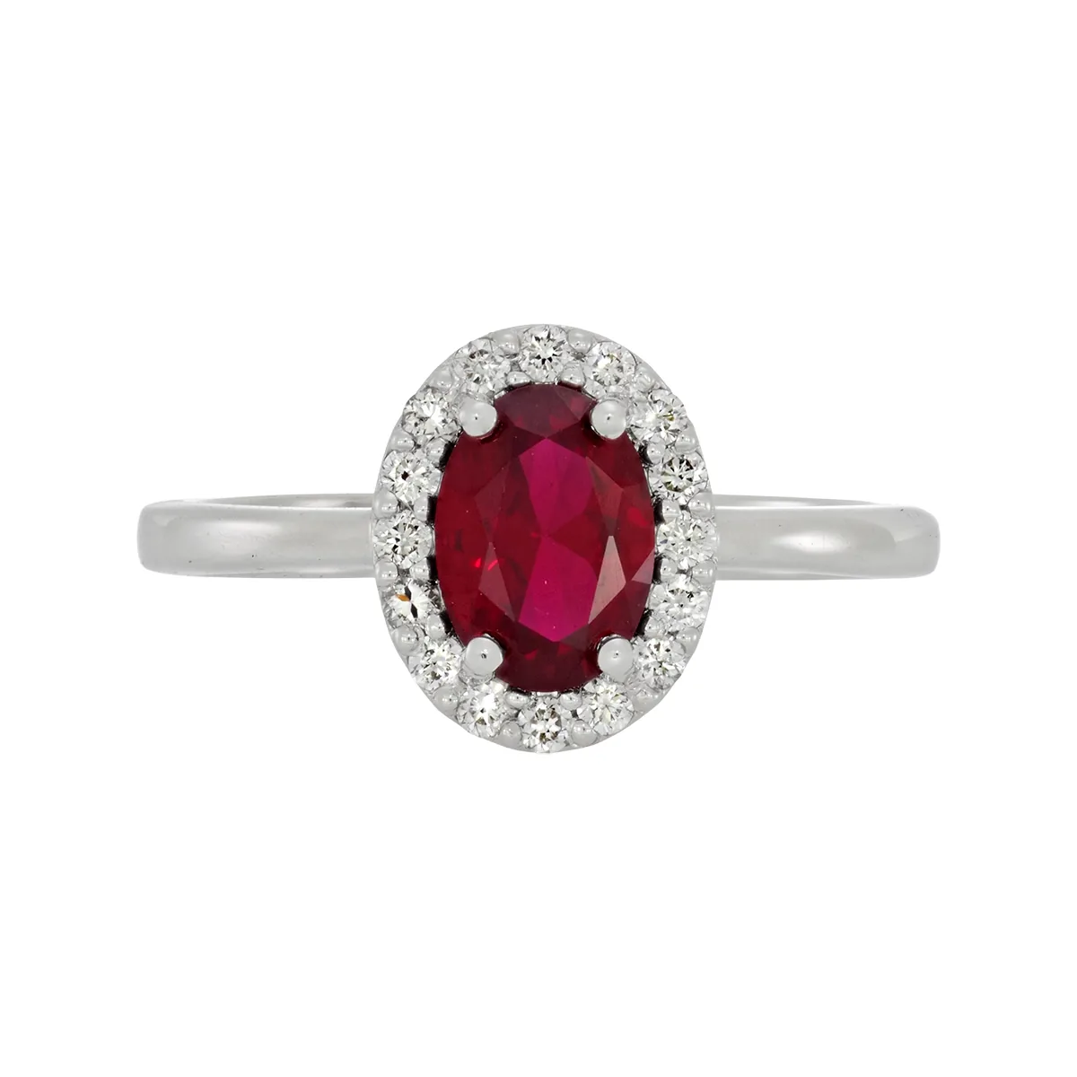 Anillo en oro blanco de 18 Kilates, con ruby laboratorio central de 0.85 Ct y decoración en diamante de laboratorio de 0.16 Ct