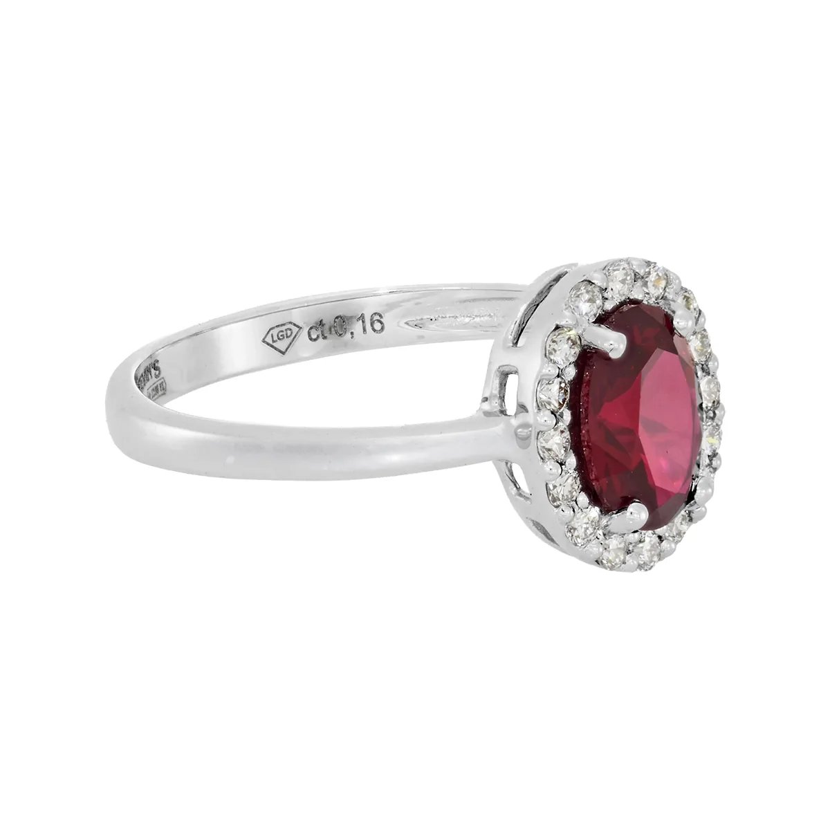 Anillo en oro blanco de 18 Kilates, con ruby laboratorio central de 0.85 Ct y decoración en diamante de laboratorio de 0.16 Ct