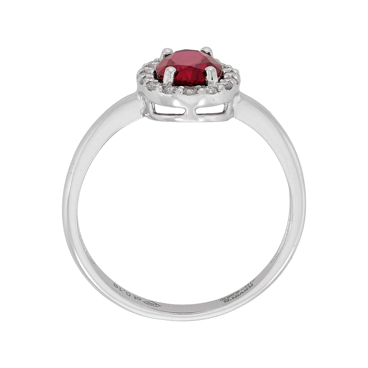 Anillo de halo oval, con ruby laboratorio central óvalo de 0.85Ct y decoración en diamantes de laboratorio, oro tono blanco 18k, rodinado