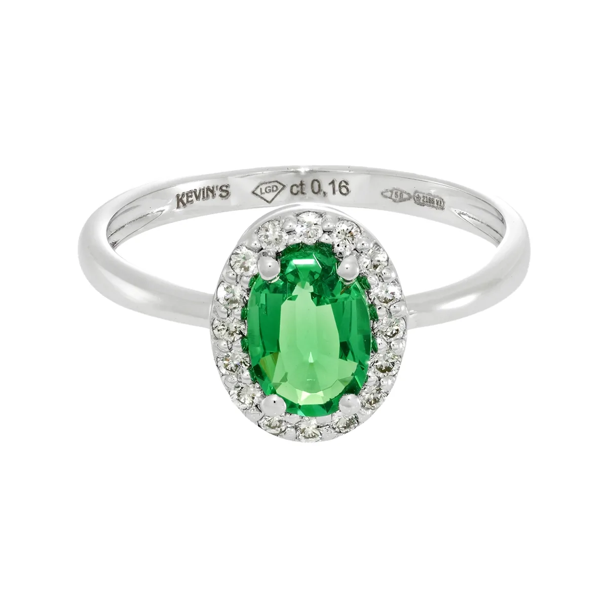 Anillo en oro blanco de 18 Kilates, con esmeralda laboratorio central de 0.60 Ct y decoración en diamante de laboratorio de 0.16 Ct