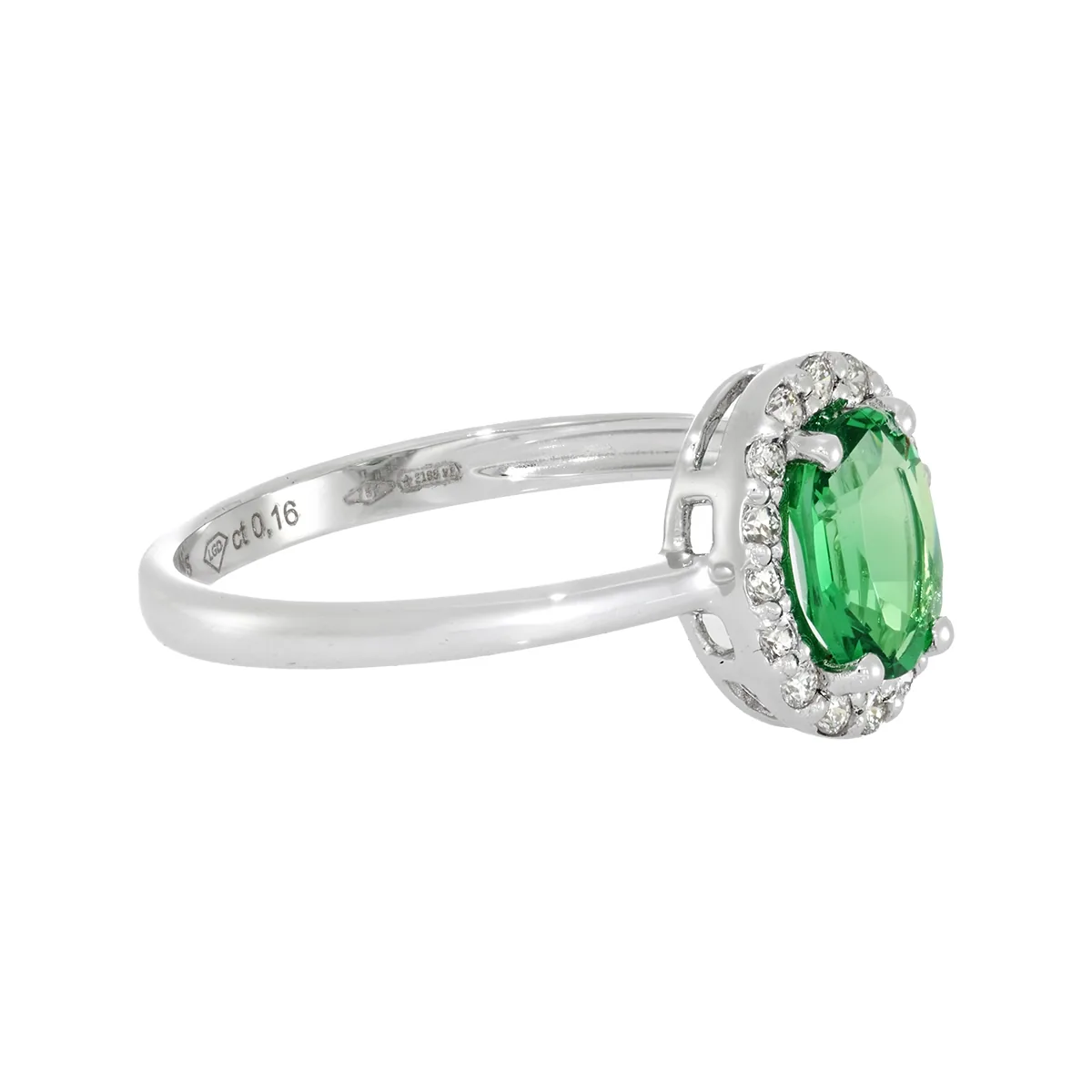 Anillo en oro blanco de 18 Kilates, con esmeralda laboratorio central de 0.60 Ct y decoración en diamante de laboratorio de 0.16 Ct