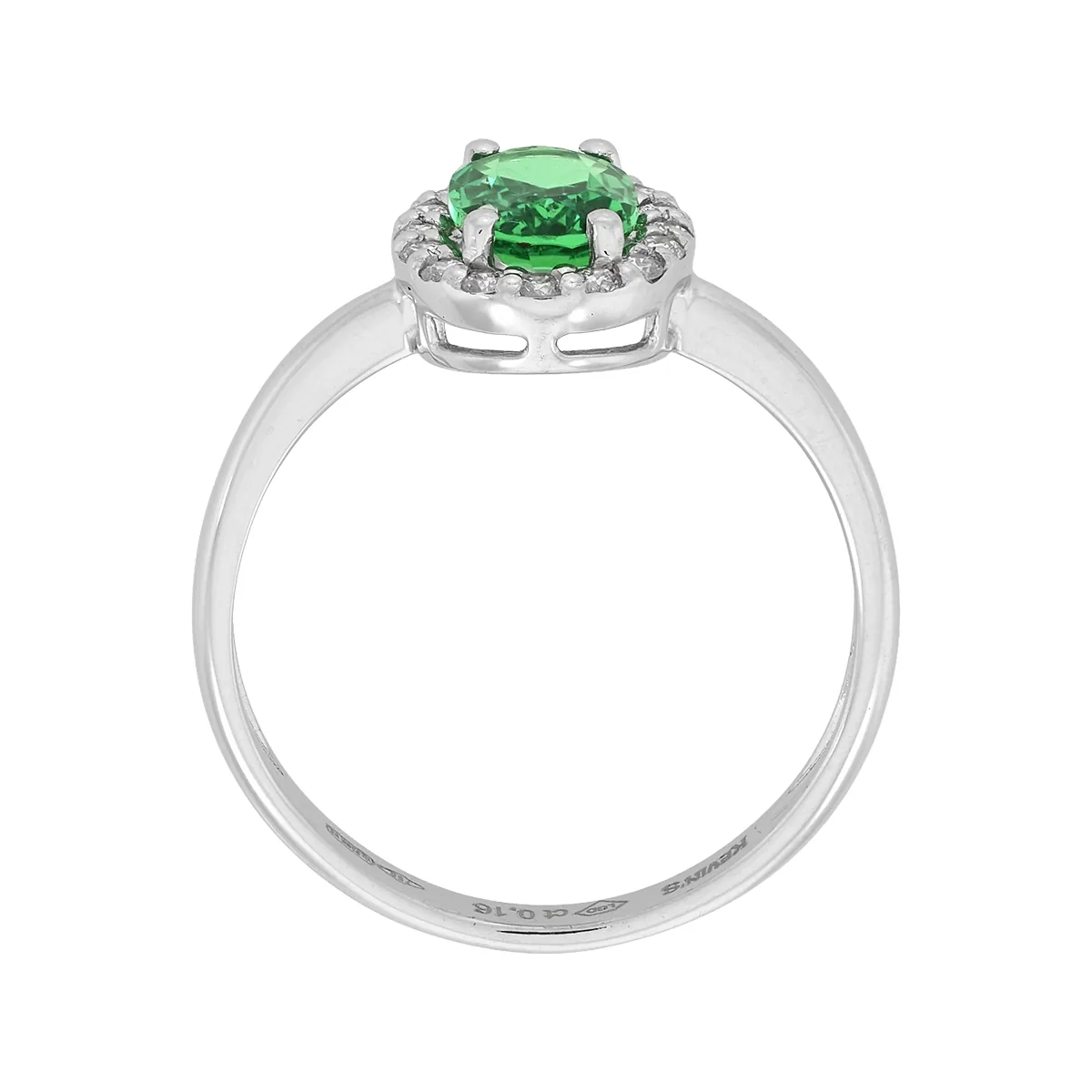 Anillo de halo oval, con esmeralda laboratorio central óvalo de 0.60Ct y decoración en diamantes de laboratorio, oro tono blanco 18k, rodinado