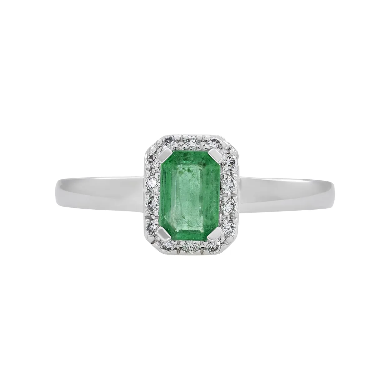 Anillo en oro blanco de 18 Kilates, con esmeralda central de 0.60 Ct y decoración en diamantes de 0.08 Ct