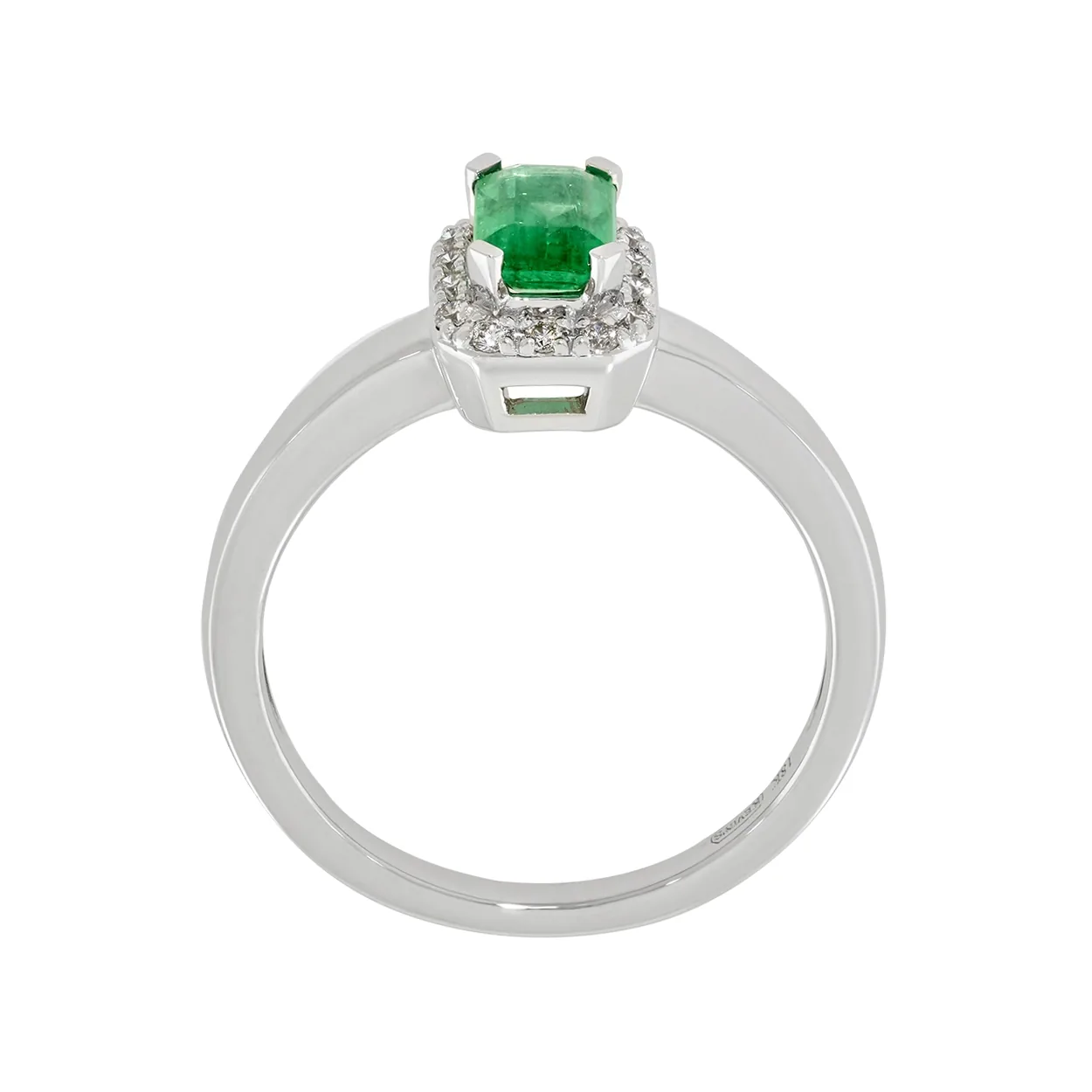 Anillo en oro blanco de 18 Kilates, con esmeralda central de 0.60 Ct y decoración en diamantes de 0.08 Ct