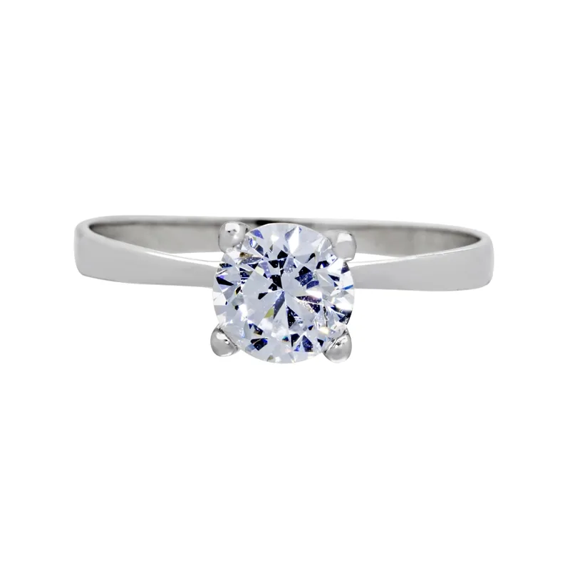Anillo con zircon central redondo, oro tono blanco 18k, rodinado, liso