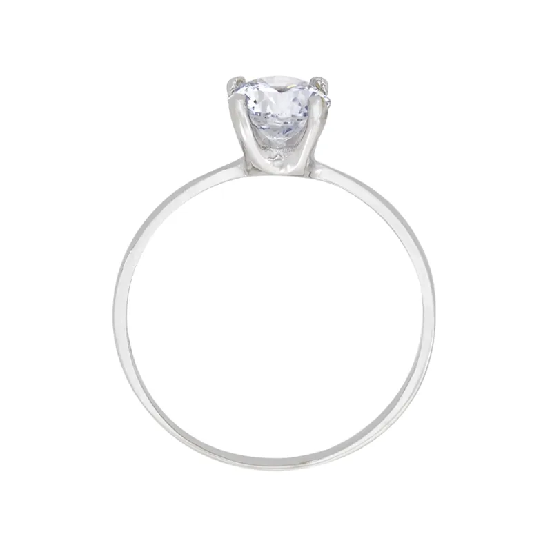Anillo con zircon central redondo, oro tono blanco 18k, rodinado, liso