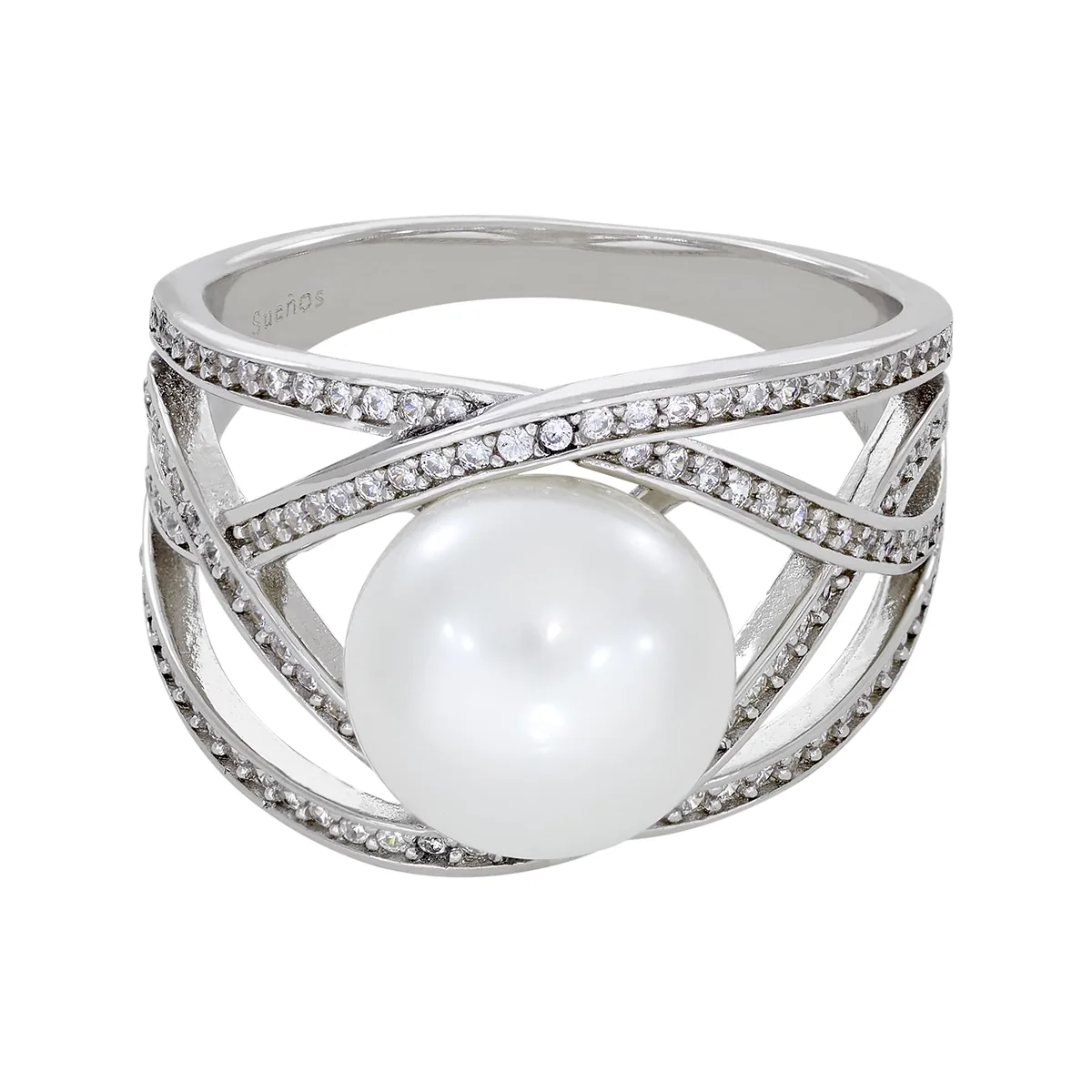 Anillo en plata Ley 925, con perla central de 9 mm de ancho aprox y decoración en zircones, de la coleccion Sueños