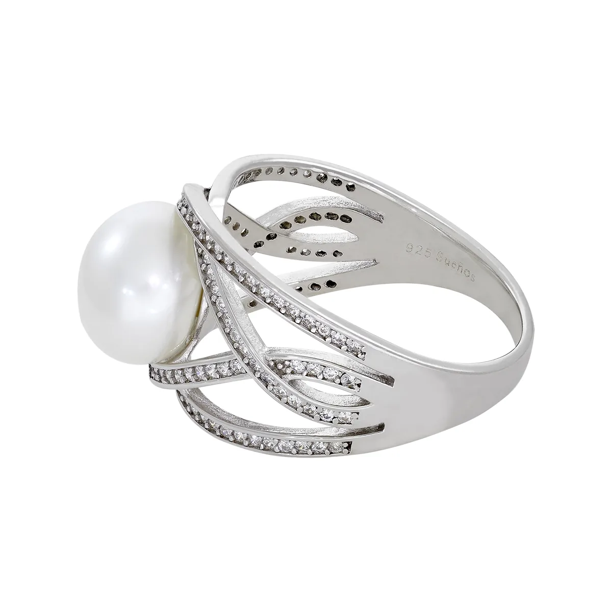 Anillo en plata Ley 925, con perla central de 9 mm de ancho aprox y decoración en zircones, de la coleccion Sueños