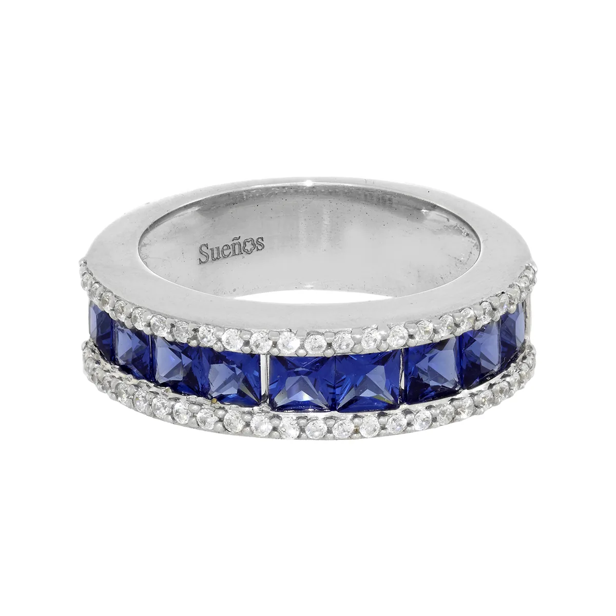 Anillo franjas, con zircones central cuadrados y decoración en zircones, en plata ley 925, rodinado - Colección Sueños