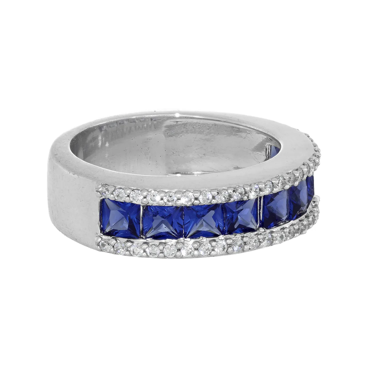 Anillo franjas, con zircones central cuadrados y decoración en zircones, en plata ley 925, rodinado - Colección Sueños