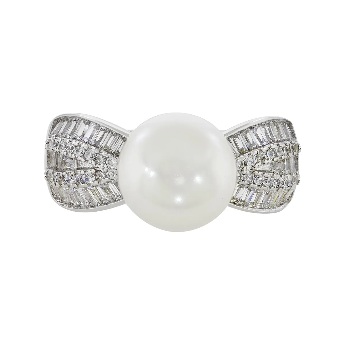 Anillo en plata Ley 925, con perla central de 8 mm de ancho aprox y decoración en zircones, de la coleccion Sueños