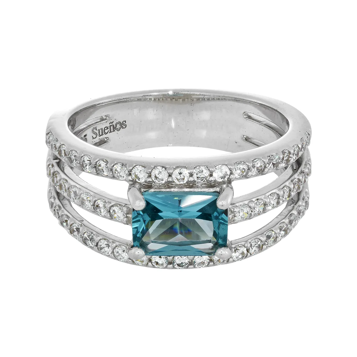 Anillo con zircon central rectángulo y decoración en zircones, en plata ley 925, rodinado - Colección Sueños