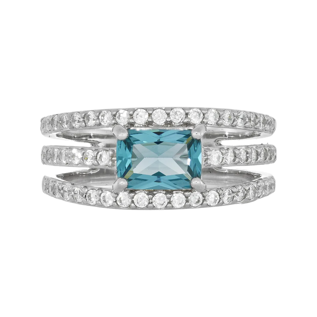 Anillo con zircon central rectángulo y decoración en zircones, en plata ley 925, rodinado - Colección Sueños