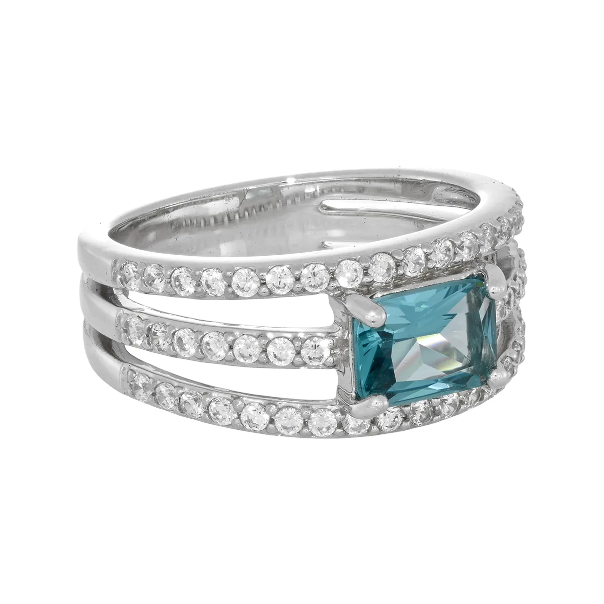 Anillo con zircon central rectángulo y decoración en zircones, en plata ley 925, rodinado - Colección Sueños