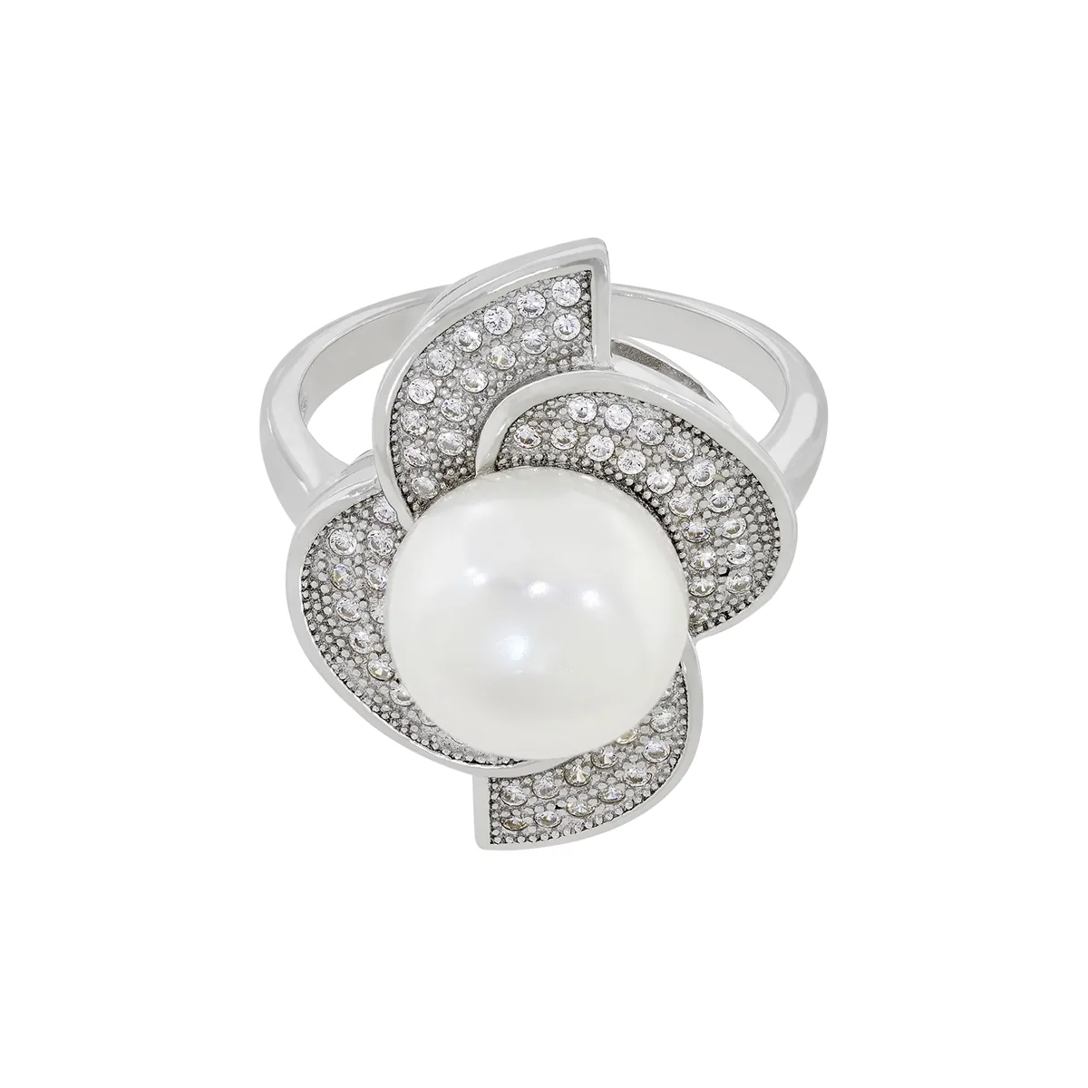 Anillo en plata Ley 925, con perla central de 10 mm de ancho aprox y decoración en zircones, de la coleccion Sueños