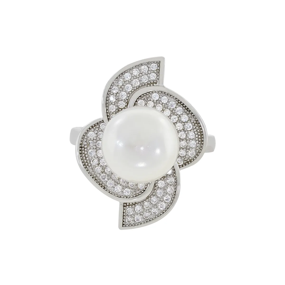 Anillo en plata Ley 925, con perla central de 10 mm de ancho aprox y decoración en zircones, de la coleccion Sueños