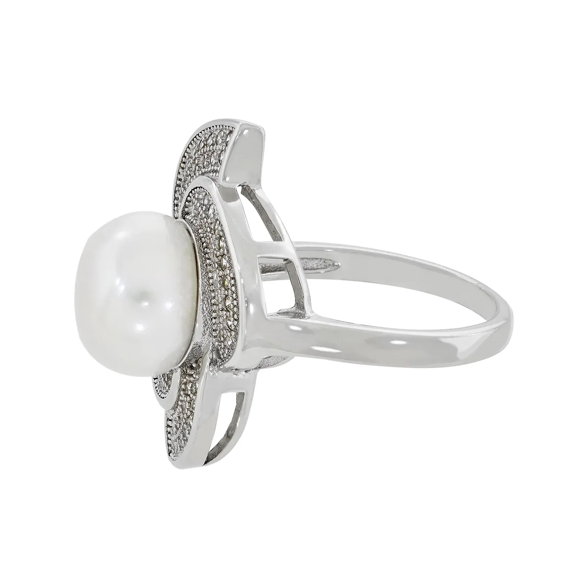 Anillo en plata Ley 925, con perla central de 10 mm de ancho aprox y decoración en zircones, de la coleccion Sueños