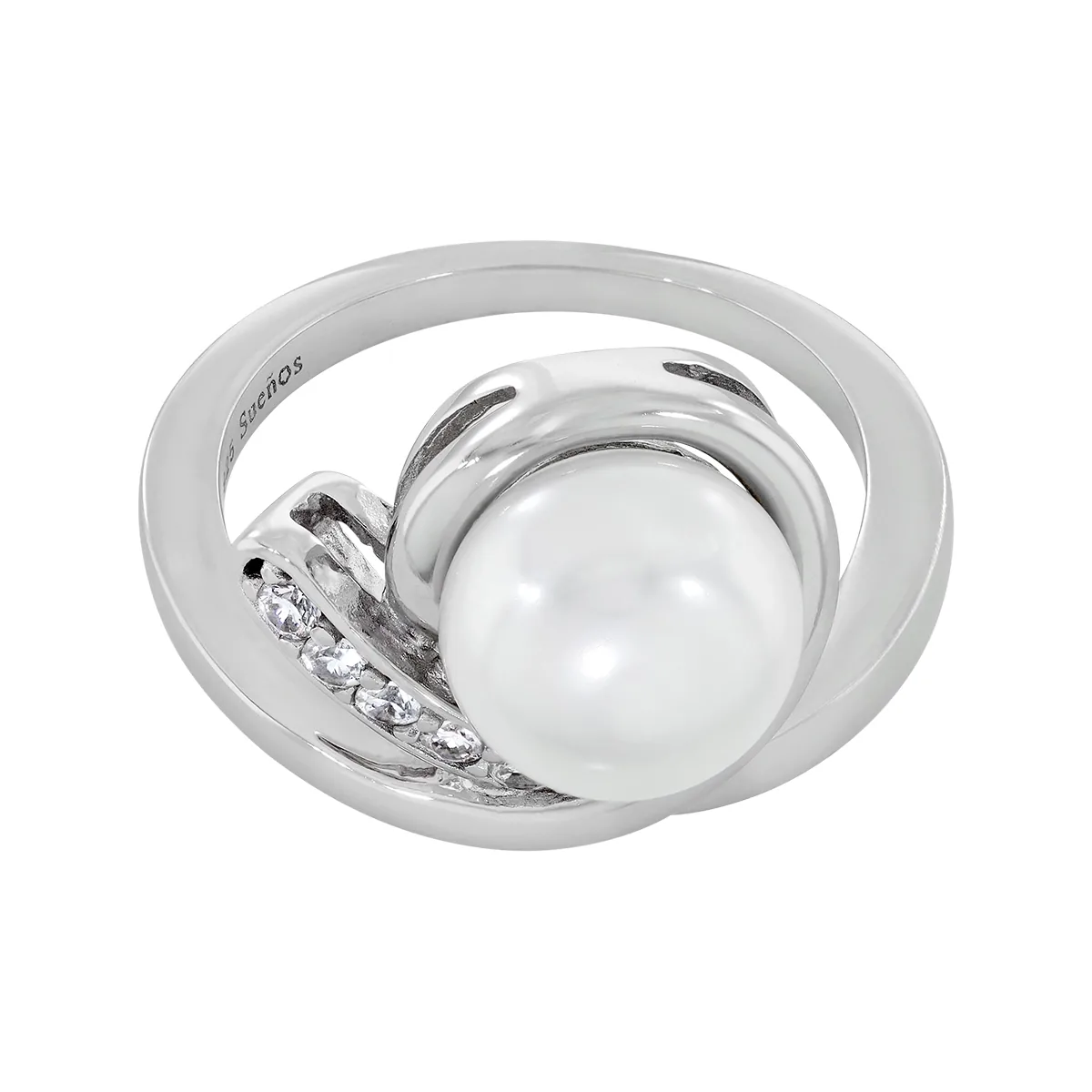 Anillo en plata Ley 925, con perla central de 8 mm de ancho aprox y decoración en zircones, de la coleccion Sueños
