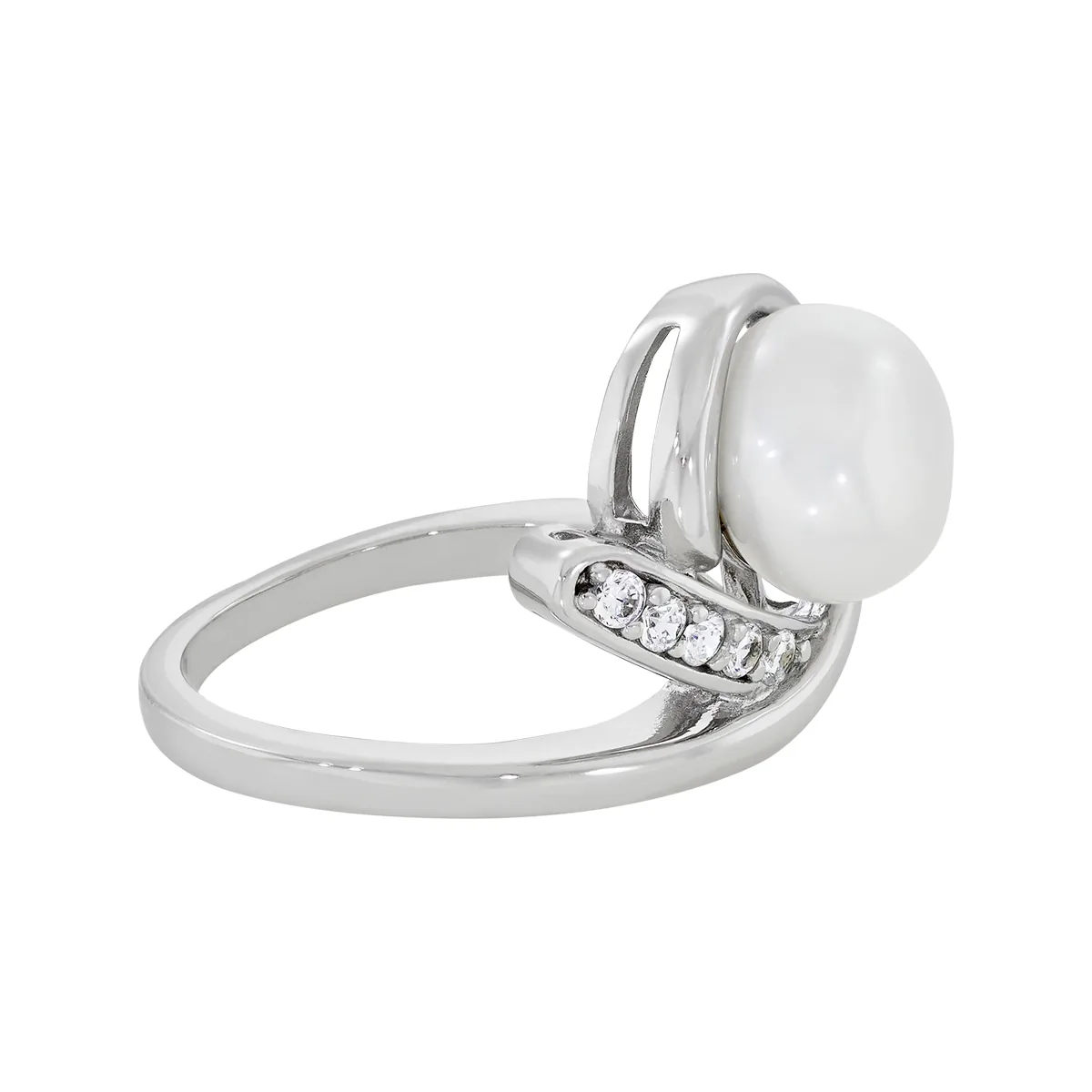 Anillo en plata Ley 925, con perla central de 8 mm de ancho aprox y decoración en zircones, de la coleccion Sueños