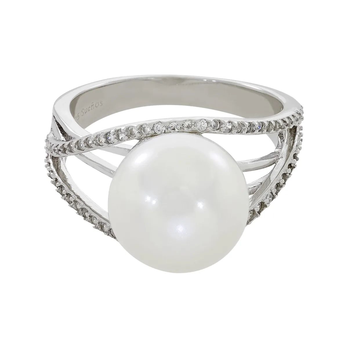 Anillo en plata Ley 925, con perla central de 11 mm de ancho aprox y decoración en zircones, de la coleccion Sueños