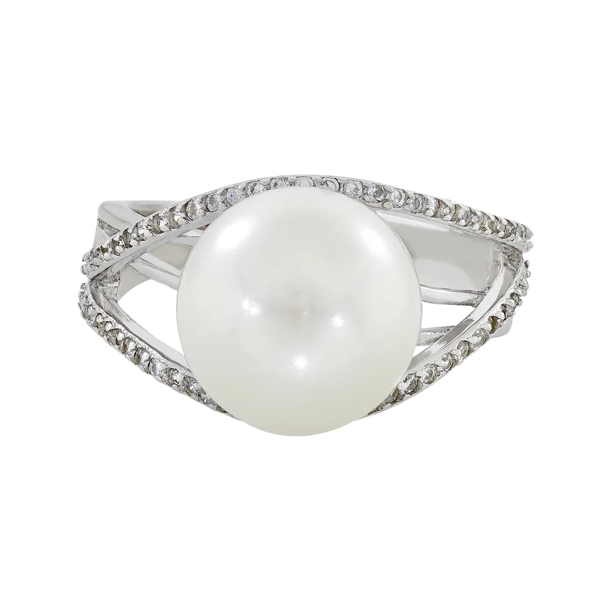 Anillo en plata Ley 925, con perla central de 11 mm de ancho aprox y decoración en zircones, de la coleccion Sueños