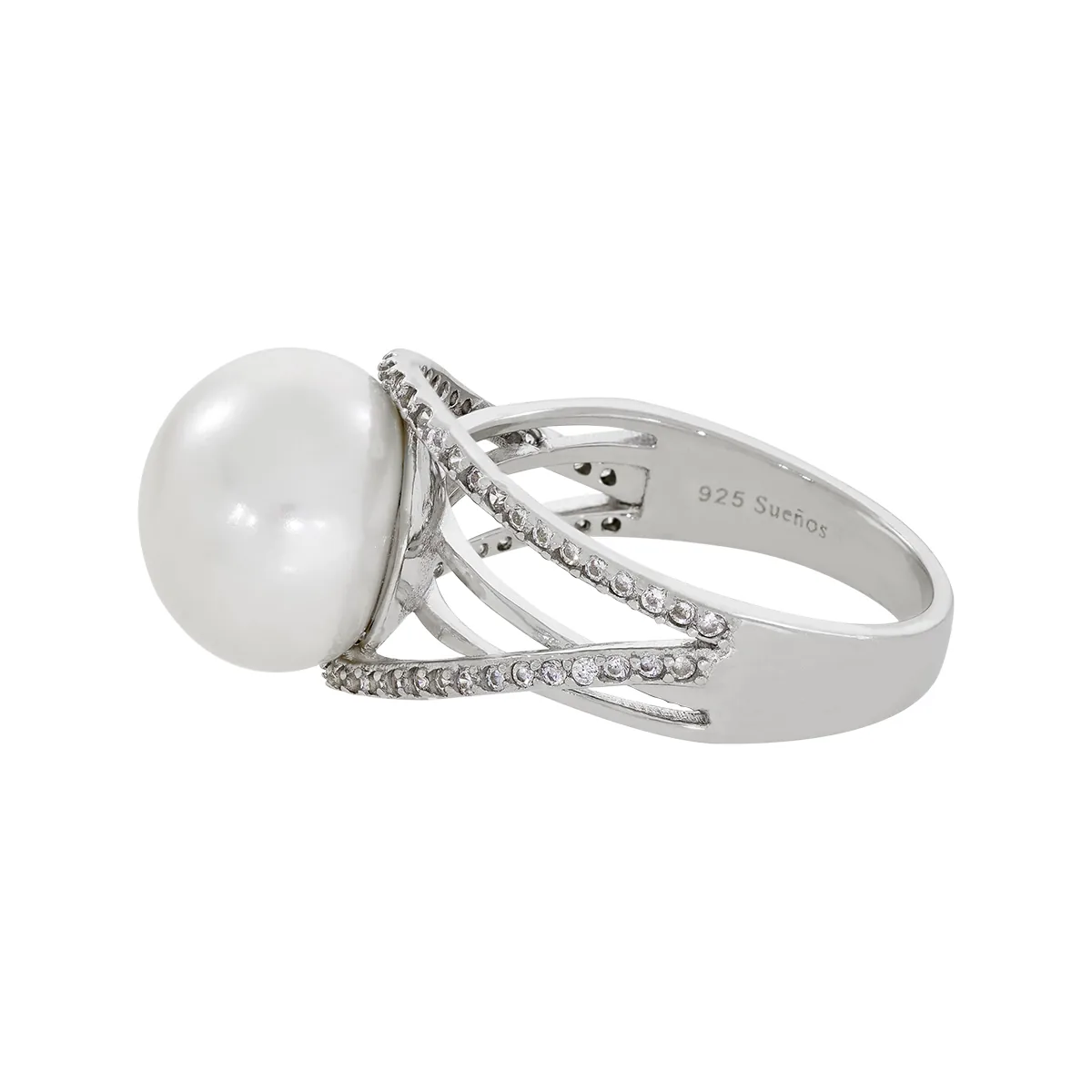 Anillo en plata Ley 925, con perla central de 11 mm de ancho aprox y decoración en zircones, de la coleccion Sueños