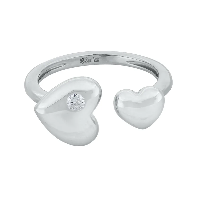 Anillo de corazones en plata Ley 925, con zircon central, de la coleccion Sueños