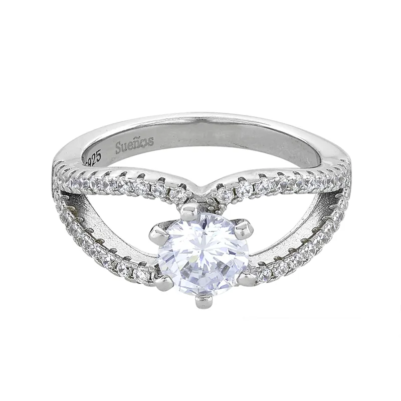 Anillo con cristal central redondo y decoración en cristales, en plata ley 925, rodinado - Colección Sueños
